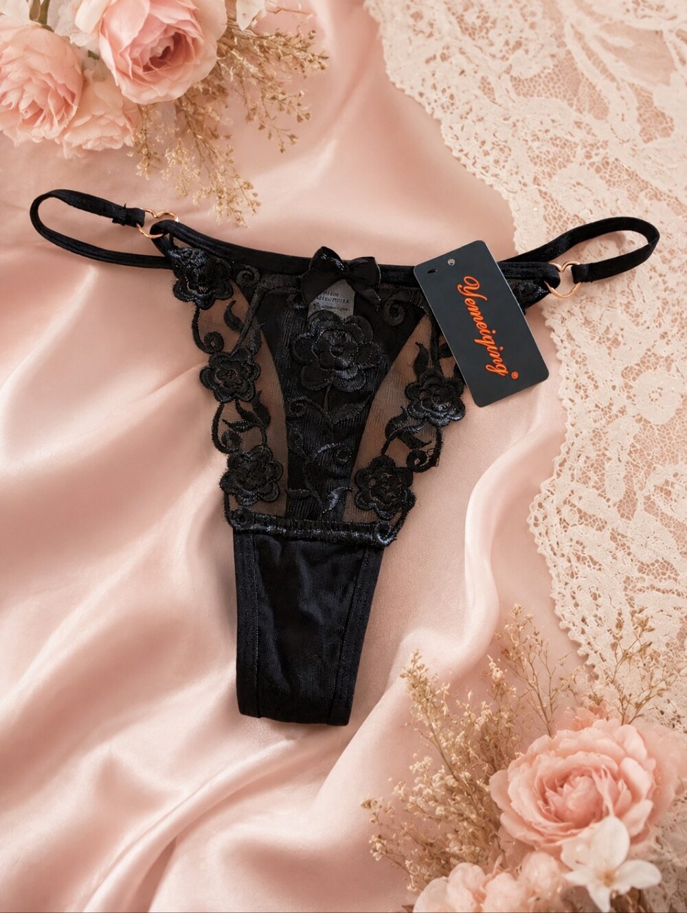 NWT Black Floral Lace G-String Thong Panty Size Small